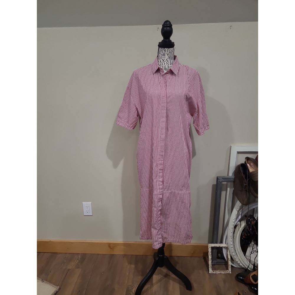 Zara Minalmalist Red White stripe Midi Shirt dress Women SZ 8‎ nautical coastal